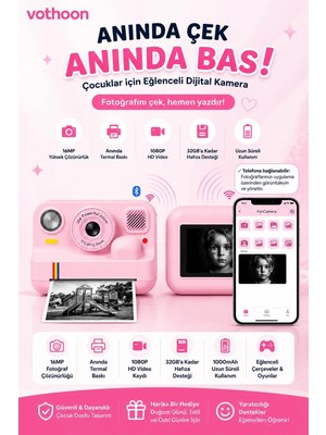 TeknoKapsül Çocuk Anında Baskılı Fotoğraf Makinesi 16MP Dijital Kamera 1080P Video Wifi Telefon Destekli
