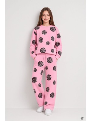 Cansın Mini Pembe Kız Çocuk Kabartma Baskı Şardonlu Bisiklet Yaka Geniş Paça Eşofman Takımı 24784