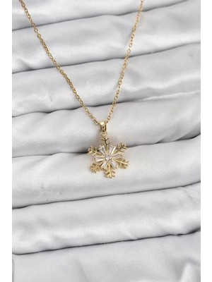 Uslucan Alışveriş 316L Çelik Zincir Gold Renk Kar Tanesi Model Zirkon Taşlı Kadın Kolye - TJ-BKO10831