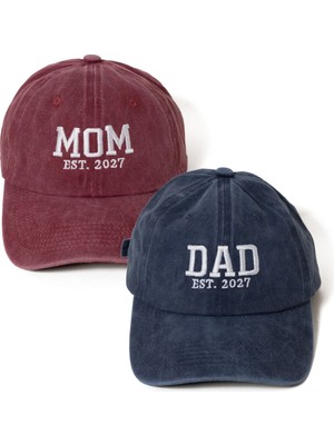 Nome Studio Nakışlı 2027 Bordo-Lacivert Mom Dad Şapka 2li Paket Anne Baba Yıkamalı Kumaşlı Şapka Pamuklu Ayarlı