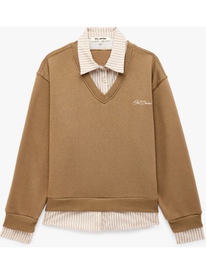 Koton Şardonlu Işlemeli Rahat Kalıp Katmanlı Çizgili Gömlek Yakalı Uzun Kollu Sweatshirt