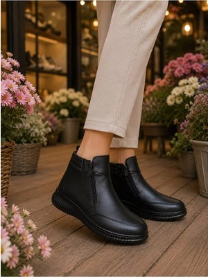 BEREN Hakiki Deri Kadın Bot Ortopedik Düz Taban Çift Fermuarlı Comfort Casual Günlük Sneaker Bot