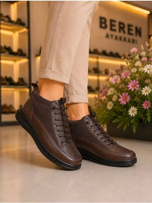 BEREN Hakiki Deri Kadın Bot Süet Garnili Bağcıklı Ortopedik Comfort Günlük Casual Sneaker Bot