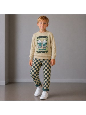 Cg Kids Matcha Baskılı Sweatshirt ve Yeşil Dama Desenli Pantolonlu Erkek Çocuk Bej/zümrüt Yeşil 2iplik 2'li Alt Üst Takım