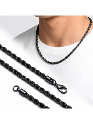 Moncuk Design Rope Halat Siyah Erkek Çelik Kolye 6mm 55CM 3351ECK024