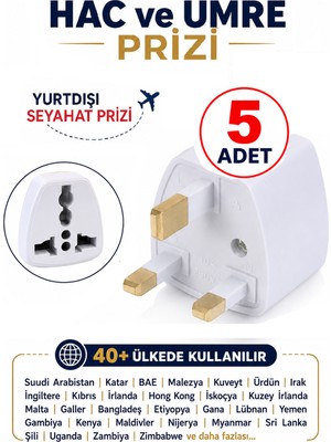 Hac Umre (+40 Ülke) Yurtdışı Prizi Seyahat Prizi Priz Çevirici Topraklı G Tip (5 Adet)