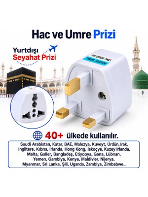 Hac Umre 40+Ülke Universal Yurtdışı Seyahat Prizi Adaptör Fiş 3 Pinli Topraklı G Tipi