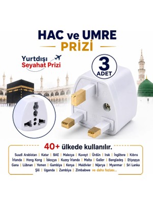 Vwin Hac Umre Dahil 40+Ülke Yurtdışı Seyahat Prizi Seyahat Adaptörü Fiş Topraklı G Tipi (3 Adet)