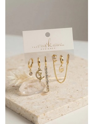 İlk El Grup Ieg™  Gold Renk Pirinç Zirkon Taşlı 6'lı Küpe Set Kombini TG27BKP12130