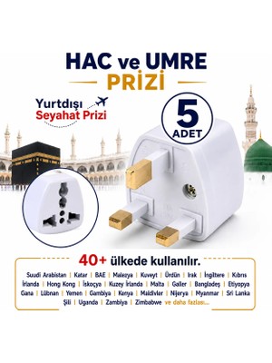 Hac Umre 40+Ülke Yurtdışı Seyahat Prizi Seyahat Adaptörü, Topraklı, G Tipi (5 Adet)