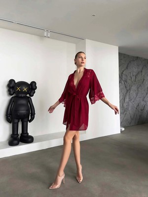 Zenviaa Şık Tasarım Bordo Dantel Işlemeli Body Suit ve Tül Gecelik Takımı Zenviaagf