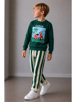 Cg Kids California Baskılı Zümrüt Yeşil Sweatshirt ve Çizgili Pantolonlu Erkek Çocuk 2'li Alt Üst Takım