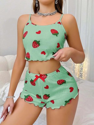 Morliva Kadın Yeşil Çilek Desenli Şortlu Pijama Takımı 5060