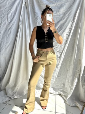 Gözde Tasarım Butik Kadın Haki Renk Ispanyol Paçalı Likralı Jean Kot