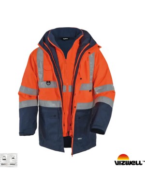 Vizwell VWJK44 5+1 Parka Reflektörlü 300D Oxford Iş Montu | EN20471, EN343, EN342, Çok Fonksiyonlu Kışlık Iş Parkası