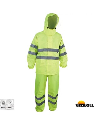 Vizwell™ 150D Reflektörlü Takım Yağmurluk VWJK67 | EN343 Su Geçirmez, Yüksek Görünürlüklü, Rüzgar ve Yağmur Korumalı Iş Yağmurluğu