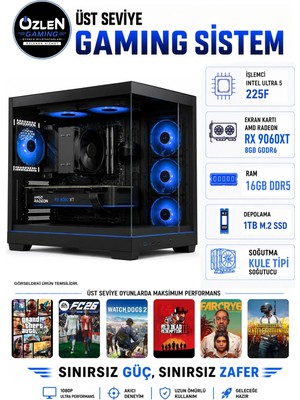 Özlen X77 ULTRA 5 225F RX 9060 XT 8GB 16GB DDR5 RAM 1TB M.2 SSD Üst Seviye Oyuncu Bilgisayarı