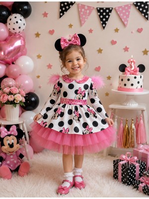 Kız Çocuk Mickey Mouse Pembe Payet Detaylı Tüllü Elbise