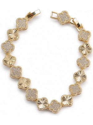 Serelya Pirinç Gold Renk Zirkon Taşlı Işlemeli Yonca Model Vıp Seri Exculusive Kadın Bileklik Ayarlanabilir