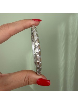 Nes Design Taşlı Damalı Silver Kelepçe