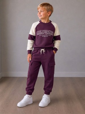 Cg Kids California Baskılı Kargo Cep Unisex Erkek ve Kız Çocuk Alt Üst Eşofman Takımı Süper Kalite - Mürdüm