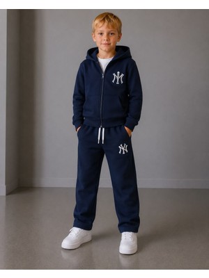 Cg Kids Ny Nakışlı Fermuarlı Kapüşonlu Erkek Çocuk 2'li Alt Üst Eşofman Takımı Lacivert 2iplik Süper Kalite