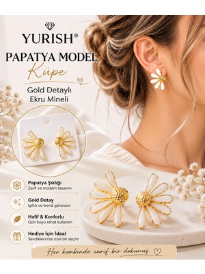 Yurish Kadın Gold Detaylı Trend Ekru Mineli Papatya Model Küpe