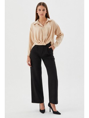 Modabella Kadın Bej Saten Dokulu Düğüm Detay Oversize Gömlek