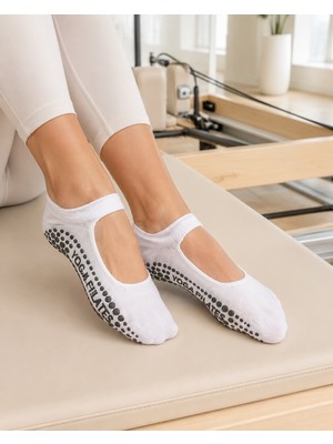 Armağanika  Kadın Kaydırmaz Tabanlı Pilates Yoga Çorabı Bantlı Reformer Babet Çorabı Siyah