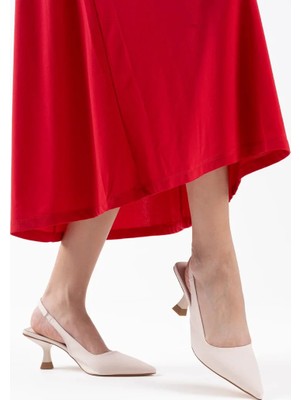 Alfaze Bej Saten Şık Sivri Burun Slingback Topuklu Ayakkabı Topuk Boyu 7 cm