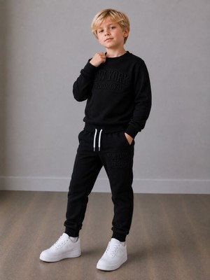 Cg Kids New York Brooklyn Kabartma Baskılı Siyah Erkek Çocuk Alt Üst Eşofman Takımı