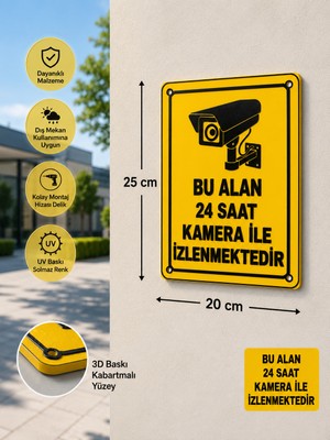 Aselis3D Bu Alan Kamera Ile Izlenmetedir 25X20 Cm, 7/24 Kamera Uyarı Levhası Petg Plastik Suya ve Güneşe Dayanıklı