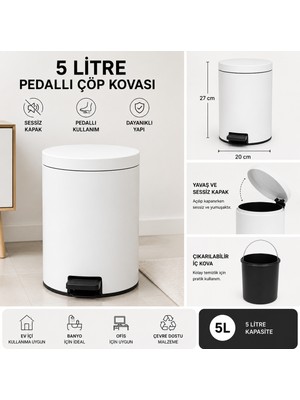 Wess 5 Litre Pedallı Çöp Kovası Beyaz | Kapaklı Banyo Mutfak Ofis Çöp Kutusu