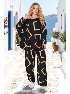 Veraura Lifestyle Siyah Desenli Pantolon Bluz Takım