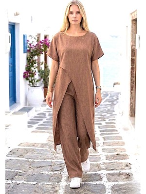 Veraura Lifestyle Kahverengi Asimetrik Kısa Kollu Ikili Takım