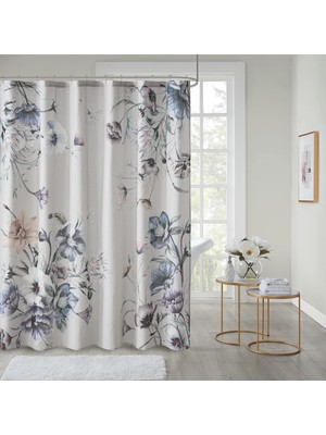 Happy Trend Madison Park Cassandra Pamuk Perkal Banyo Duşu, Baskılı Çiçek Desenli Modern Shabby Chic Gizlilik Banyo Kumaş Perdeler, 182 cm x 182 Cm, Mavi