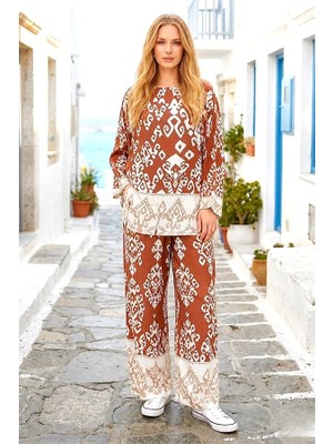 Veraura Lifestyle Kahverengi Desenli Pantolon Bluz Takım