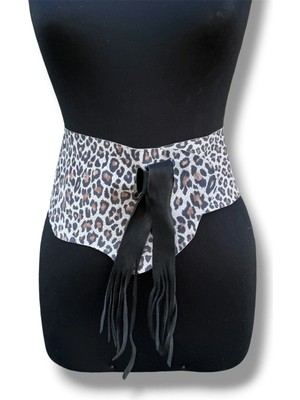 Yılday Gür Butik Leopar Desenli Püsküllü Deri Kadın Kemer, Günlük Kadın Kemer, Elbise Kemeri - Standart Beden