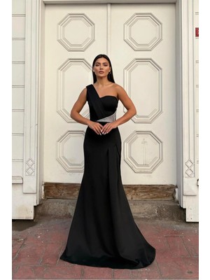 Lior Design Polyester Tek Omuz Balık Kesim Taş Işlemeli Kolsuz Maxi Boy Davet Elbisesi