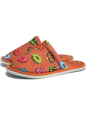 Happy Trend Unisex Turuncu Donut Desenli Önü Açık Yumuşak Tabanlı Ev Terlik