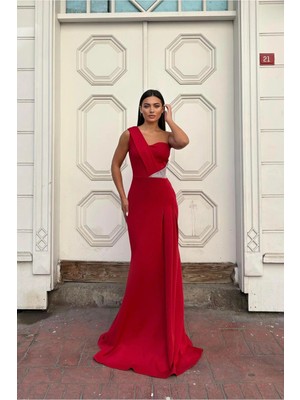 Lior Design Polyester Tek Omuz Balık Kesim Taş Işlemeli Kolsuz Maxi Boy Davet Elbisesi
