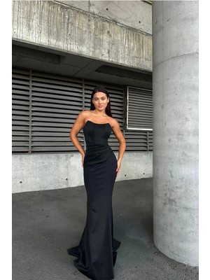 Lior Design Likralı Omuzsuz Kesim Straplez Kesim Tam Kollu Yere Yakın Boy Abiye Kesim Elbise