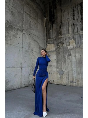 Lior Design Polyester Kumaş Yüksek Yaka Ince Kesim Taş Işlemeli Uzun Kollu Midi Boy Gece Elbisesi