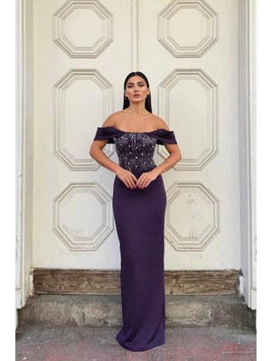 Lior Design Payetli Dik Yaka Balık Form Tam Kollu Maxi Boy Mezuniyet Elbisesi