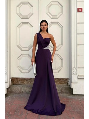 Lior Design Polyester Tek Omuz Balık Kesim Taş Işlemeli Kolsuz Maxi Boy Davet Elbisesi