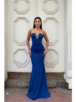 Lior Design Krep V Yaka Uzun Kollu Yere Yakın Boy Gece Elbisesi