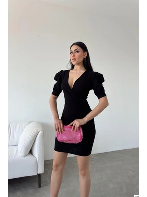 Lior Design Mat Krep Çapraz Bağlamalı Kruvaze Kesim Kısa Kollu Diz Altı Boy Davet Elbisesi