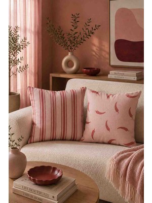 Luvis Store Chili Rose - Çizgili Biber Desenli 2'li Çift Taraflı Dekoratif Kırlent Kılıfı Seti