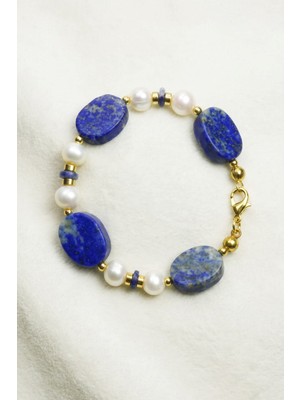 Ilgın Doğal Taş Takı Lapis Lazuli ve Incili Altın Kaplama Kadın Bileklik