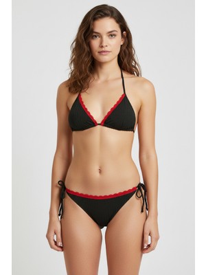 Cm Store Kırmızı Dantel Detaylı Siyah Bikini Takımı – Ayarlanabilir Ipli Içten Şardonlu Kadın Mayo